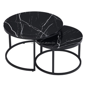 2 PC Meubles de salon ronds en faux marbre <span class=keywords><strong>Table</strong></span> <span class=keywords><strong>basse</strong></span> nid à bas prix avec métal noir/cadre <span class=keywords><strong>Table</strong></span> pour meubles d'intérieur - Product Image 1