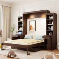 Lit mural moderne Queen Size avec bureau et espace de rangement - Lit mural en bois de chêne gain de place avec armoires et tiroirs