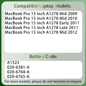 <span class=keywords><strong>Batterie</strong></span> d'ordinateur portable A1322 10.95V 63.5Wh, <span class=keywords><strong>batterie</strong></span> de <span class=keywords><strong>remplacement</strong></span> compatible avec <span class=keywords><strong>MacBook</strong></span> <span class=keywords><strong>Pro</strong></span> 13 pouces A1278 2009-2012, <span class=keywords><strong>batterie</strong></span> pour ordinateur portable - Product Image 2