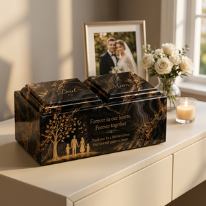 Urna Funeraria Doble Personalizada de Madera de Mango con Aspecto de Mármol Negro, Grabada a Medida, Duradera, para Dos Personas, 200 Pulgadas Cúbicas - Product Image 1