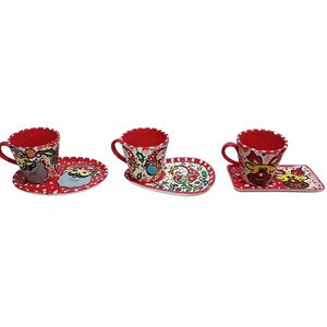 DOUBLE HAND-PAINTED HANDMADE VINTAGE CLASSIC CERAMIC TURKISH COFFEE MUG SET TRAY FRUIT PATTERN PARTY DISHWASHER SAFE DAFNI <b>BIG</b> - Product Image 1