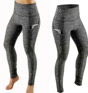 Celana Yoga wanita, Legging Polyester Spandex Fitness Yoga tanpa kelim bunga pinggang tinggi dengan saku ponsel