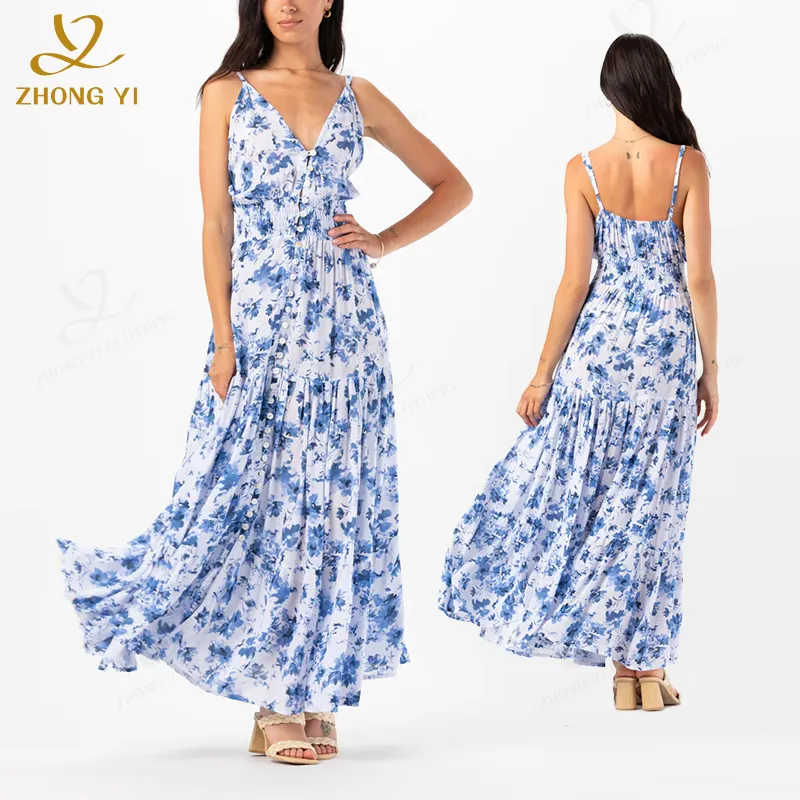 Vestidos longos casuais de praia sem mangas para mulheres, com estampa de chiffon e algodão, roupa casual de verão personalizada para mulheres, fabricante de roupas