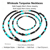 Collier turquoise pour homme, perles noires, collier en pierre naturelle, chaîne réglable, bijoux de style occidental