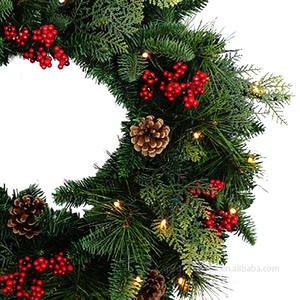 24" Pre-Lit Eco-Friendly Modern Artificial Christmas Wreath Pine Cones Red Berries <b>Battery</b> <b>Operated</b> Holiday Decor Door Window - Product Image 3