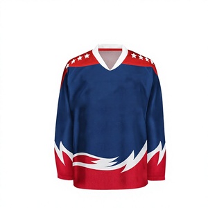 Maillot de hockey sur glace pour homme, bleu, rouge et blanc, manches longues, col en V, sublimé, évacuant l'humidité, coupe classique, vêtements de sport pour adultes - Product Image 1