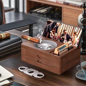 Wooden Cigar Ashtray With <b>Phone</b> <b>Stand</b> And Storage Box <b>For</b> <b>Desk</b> Use Square Design With Partitions - Product Image 1