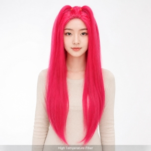 <span class=keywords><strong>Perruque</strong></span> synthétique longue et droite <span class=keywords><strong>rose</strong></span> vif à prix d'usine, avec queues de cheval jumelées détachables, pour costume de personnage d'anime - Product Image 3
