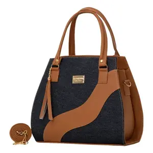Sac fourre-tout en jean pour femme Fana Hera, bleu et marron, motif géométrique, fermeture à rabat, doublure en tissu doux, style à poignées, usage quotidien décontracté - Product Image 1