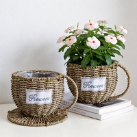 Pot de fleurs en paille tressé à la main, style pastoral, respirant, léger, robuste et durable, pour plantes d'intérieur et de bureau