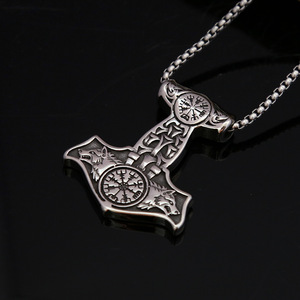 yunnique Stainless Steel Viking Thor Hammer Pendant Necklace Men Retro Hip Hop Jewelry Gift Steel Colored <b>Chain</b> - Product Image 3