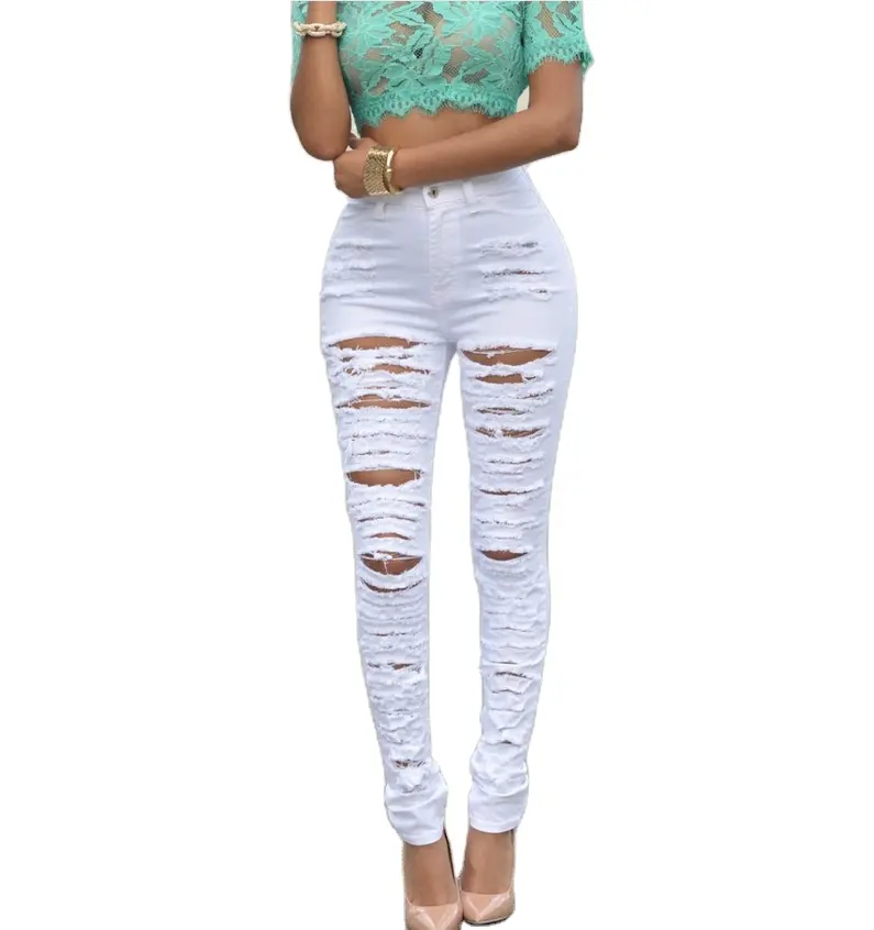 wholesale Custom logo Ladies elasticity trousers plus size ripped jeans white jeans women