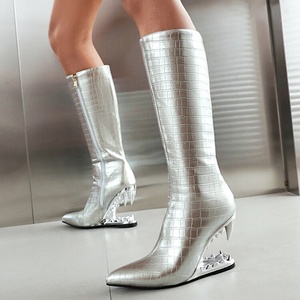 Botas altas hasta la rodilla para mujer con tacón de cuña, diseño de dientes, estampado animal, cremallera lateral y color liso - Product Image 4