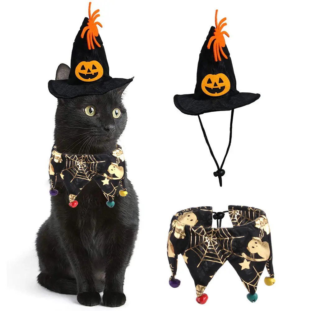 New Hot Sale Halloween Hat Scarf Set Pumpkin Pattern Cat Cape Hat Set Decorations Pet Supplies Pet Jewelry Cat Clothes