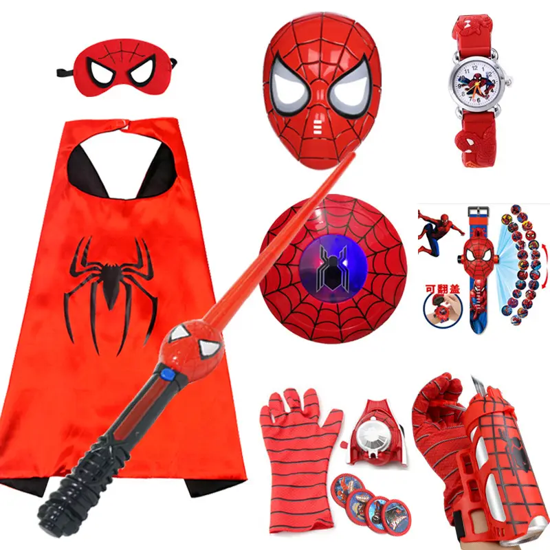 Watch spiderman set mainan Spiderman Cape bercahaya Halloween mainan kartun anak-anak Anime peluncur Set Jam