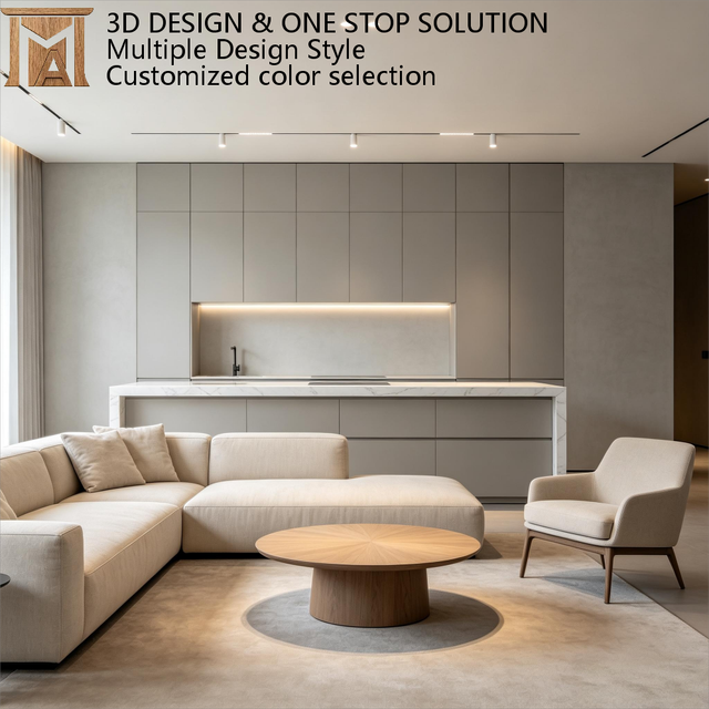 Italian Luxury Taupe Kitchen Cabinets with Marble Waterfall Island Modern Handleless Integrated Bespoke Modular Villa Furniture