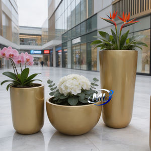 Pot rond en fibre de verre doré, moderne, durable, avec revêtement PE, pour intérieur/extérieur, maison, jardin, hôtel de luxe, hall d'entrée. - Product Image 2