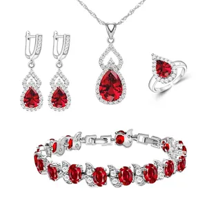 Vrouwen Zilver 925 Custom Sieraden Sets Rode Granaat Oorbellen Ketting Open Ring Armbanden Set Voor Moeder/Vrouw/Vriend