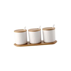 Square Coffee Tea Sugar Ceramic Canisters 3 PCS/Set with Bamboo Lid and Stand Dishwasher Safe Eco-Friendly - Product Image 1