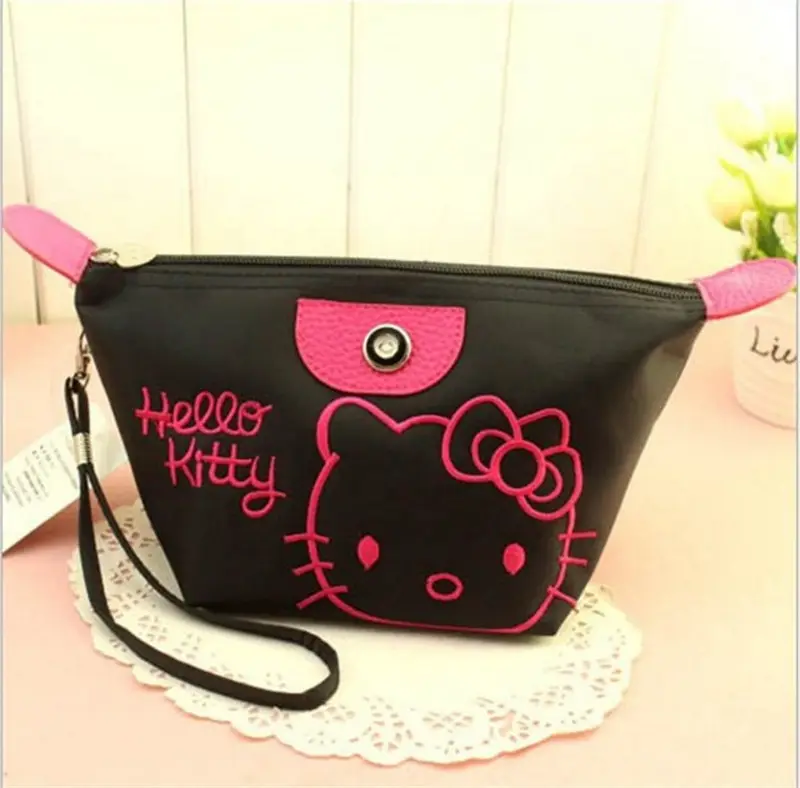 Bolsas de maquillaje Hello & Kitty personalizadas para mujer, bolsa de cosméticos KT, bonita, de gran capacidad, impermeable, portátil, con gancho, artículos de tocador