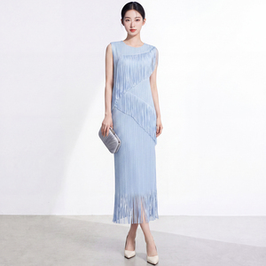 Fashion Women's Eco-Friendly Pleated Tassel Solid Ruched Natural Waist Short Sleeve Asymmetric Elegant Casual Vintage Midi <b>Dress</b> - Product Image 2
