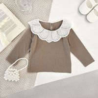 Haut à manches longues pour bébé fille, broderie en dentelle, col de poupée, t-shirt uni pour tout-petits, printemps automne, chemisier pour enfants