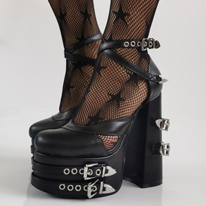 Anti Slip <b>Black</b> Gothic Lolita Sandals Hollow Out Design Y2K Sexy Platform <b>Block</b> <b>Heel</b> Plus Size <b>Women</b> Shoes - Product Image 1