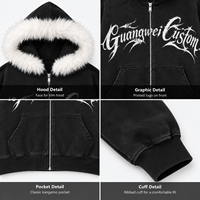 Fournisseur OEM de design, Sweat-shirt à capuche zippé oversize en molleton 100% coton avec col en fausse fourrure, imprimé et effet délavé vintage