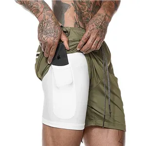 Custom Mens Running 2 In 1 Double-Deck Shorts Gym Training Shorts with iphone Pocket