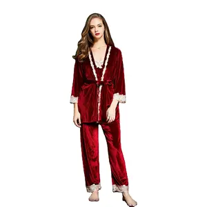Luxe Comfort Velvet 3 Stuk Pak Nachtkleding Lange Mouw Lange Broek Cami Korte Top Vrouwen Pyjama Set Met Kant Trimmen en Riem