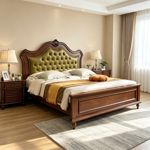 New Arrival Floral Carved Top Tufted Green Leather Upholstered Solid Wood Bed with 3 Drawer Nightstand - Product Image 2