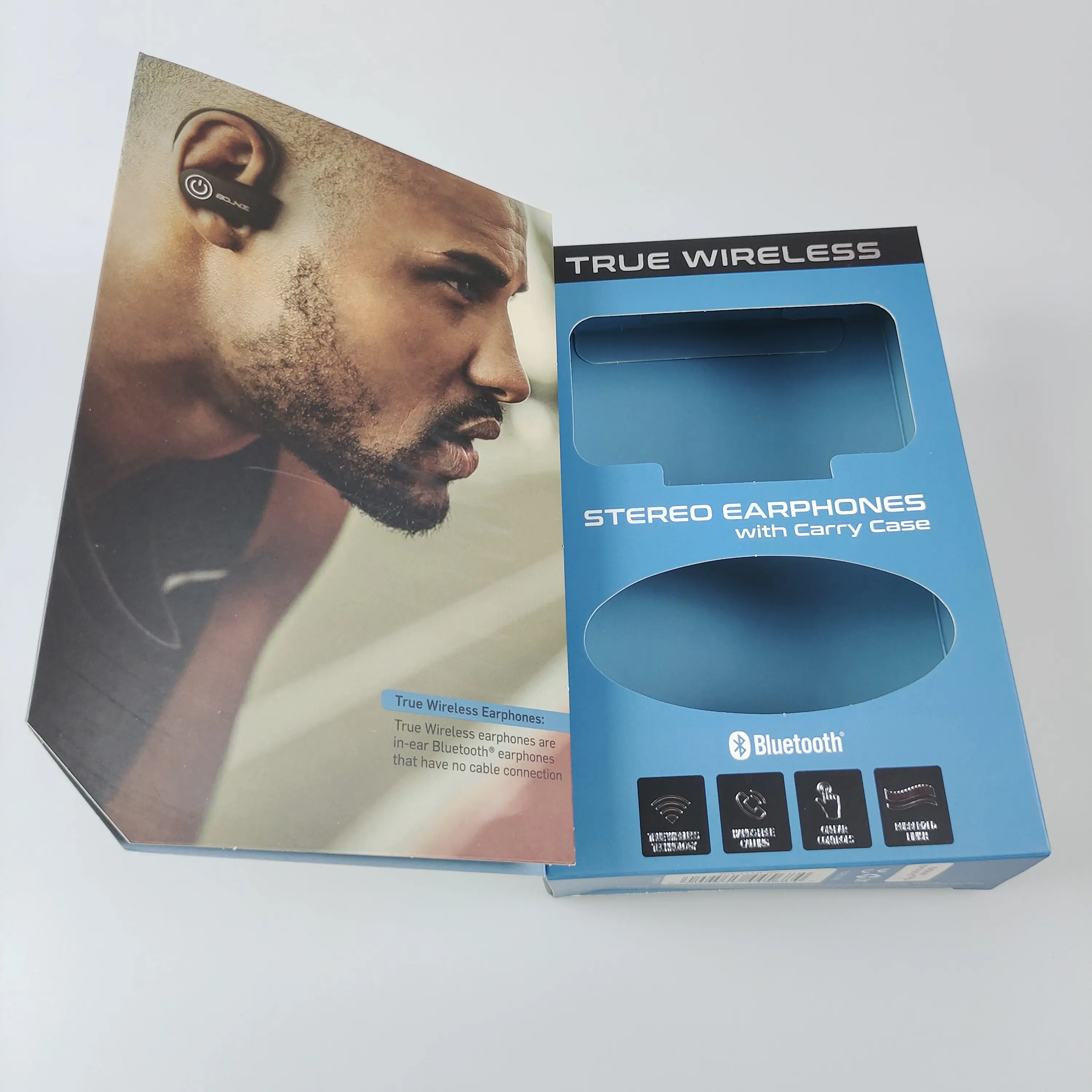 Scatola auricolare Bluetooth wireless sportiva personalizzata con gancio, scatola regalo in cartone per l'imballaggio degli auricolari