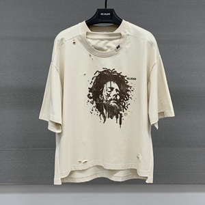 เสื้อยืดสตรีทแวร์คอสองชั้นแบบดิสเทรส พิมพ์ลายโอเวอร์ไซส์ ทรงหลวมไหล่ตก เสื้อยืดคอตตอนทรงบ็อกซี่แบบย้อมสีเอซิด - Product Image 1