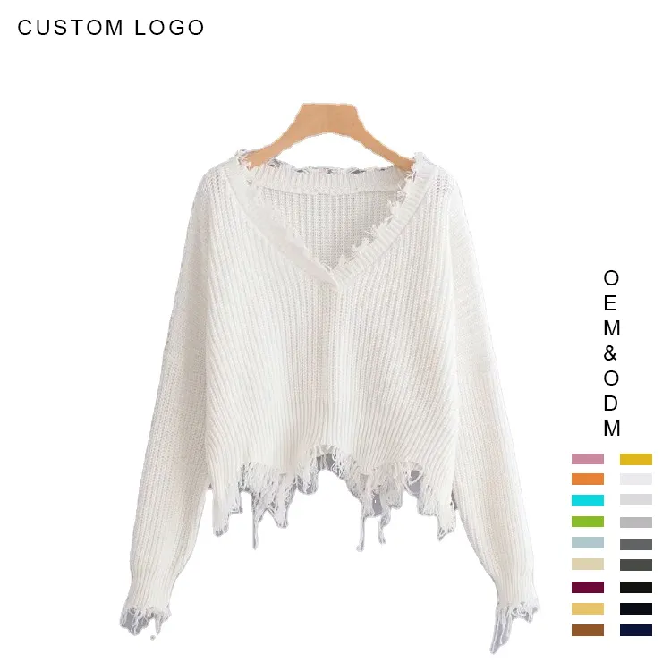 Custom Distressed Women Sweater Fringe Knitted Pullover Sweater Sexy Irregular Off Shoulder Loose Crop Top Women Ripped Sweater