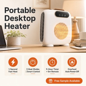 Ventilateur Chauffant Portable de Bureau, Radiateur Électrique, 3 Niveaux, Minuteur, Télécommande, Vertical/Horizontal, Silencieux, Économe en Énergie, Protection Contre la Surchauffe - Product Image 5