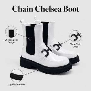 Stivali Chelsea da Donna con Catena e Plateau, Suola Chunky, Elastico Laterale, <span class=keywords><strong>Stivaletti</strong></span> Neri e Bianchi <span class=keywords><strong>a</strong></span> Contrasto, Stile Combat - Product Image 5