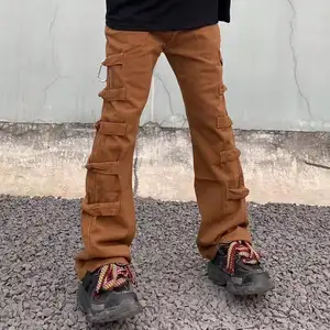 OEM Custom Spliced Retro Ripped Jeans Cargo Pants Mens Straight Oversize Brown Denim Flare Trousers Hunting Wear New Styles