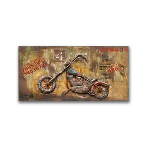 Vintage Geel en Groen Motorfiets Metalen 3D Wall Art voor Home Office Decor