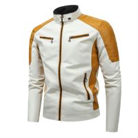 Blouson en cuir rétro pour homme, style motard, décontracté, ajusté, tendance automne, avec patchwork, fermeture éclair en toile délavée et col montant, ODM