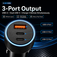 H60-029A pengisi daya mobil alumunium 45W 3 Port, adaptor pengisian daya Cepat PD/PPS & USB-A USB-C 2x dengan LED biru, 12-24v