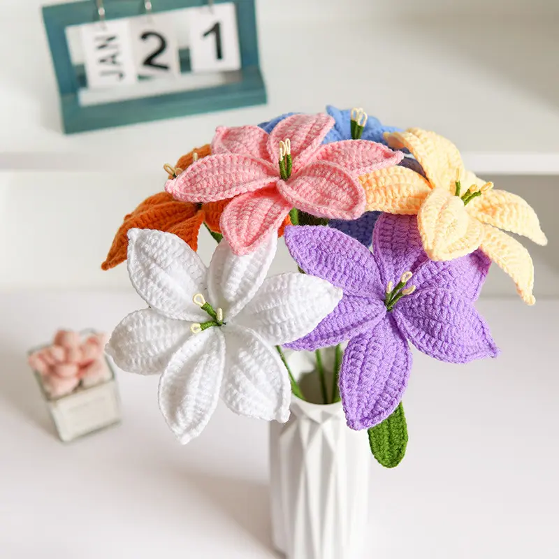 卸売ホーム結婚式の装飾手作り花かぎ針編みブーケカラリリー造花