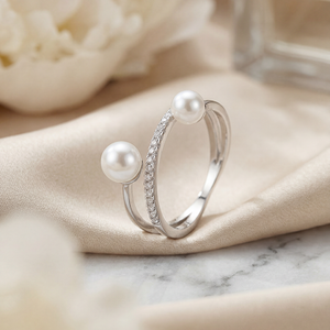 Bague en laiton à double coquille de perle avec bande en zircon cubique – Bijoux en perles de coquillage pour femme, cadeau de mariage - Product Image 3