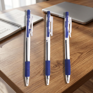Stylo bille rétractable bleu 0,7 mm à écriture fluide, avec grip en caoutchouc et corps transparent, personnalisable avec logo pour entreprises, écoles et bureaux - Product Image 2