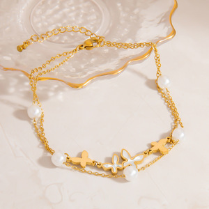 Stainless Steel <b>Anklet</b> With Pearl Double Butterfly Pendant 18K <b>Gold</b> Plated Women's Foot Ornament - Product Image 2