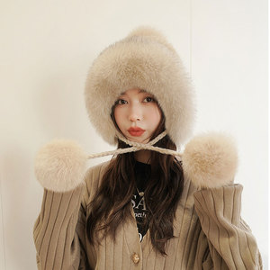 Chapeau d'aviateur tricoté en vison chaud d'hiver pour femmes avec protection des oreilles véritable boule <span class=keywords><strong>de</strong></span> fourrure <span class=keywords><strong>de</strong></span> renard chapeau <span class=keywords><strong>de</strong></span> <span class=keywords><strong>neige</strong></span> nouveau Style pour les fêtes - Product Image 5
