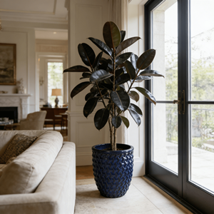 Grand pot en céramique américain vintage bleu roi, émaillé et embossé, à texture chevrons, écologique et durable, pour l'intérieur et l'extérieur - Product Image 2