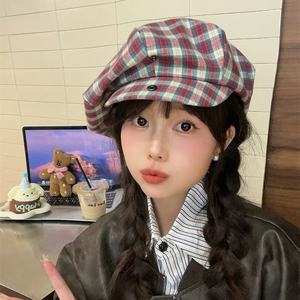 Japanese Retro Plaid Beret For Women Spring Summer Cotton Flannel Sun Protection <b>Hat</b> Stylish Commute Artistic Painter Cap - Product Image 1