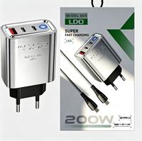 Cargador Rápido de 200W con 2 Puertos Tipo-C + USB, Cargador Rápido PD Tipo C para Teléfono Móvil con Cable de Carga USB C, Adaptador de Corriente USB-C de 200W