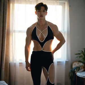 Body de yoga hueco para hombre, conjunto de lencería sexy ajustado de seda helada, atuendo de rol de estilo abstinencia para crossdressing - Product Image 2