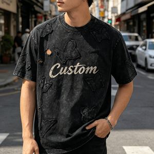 Camiseta Oversize para Hombre de Manga Corta con Cuello Redondo, Estampado Dripping, Estilo Urbano y Bajo Deshilachado - Product Image 4